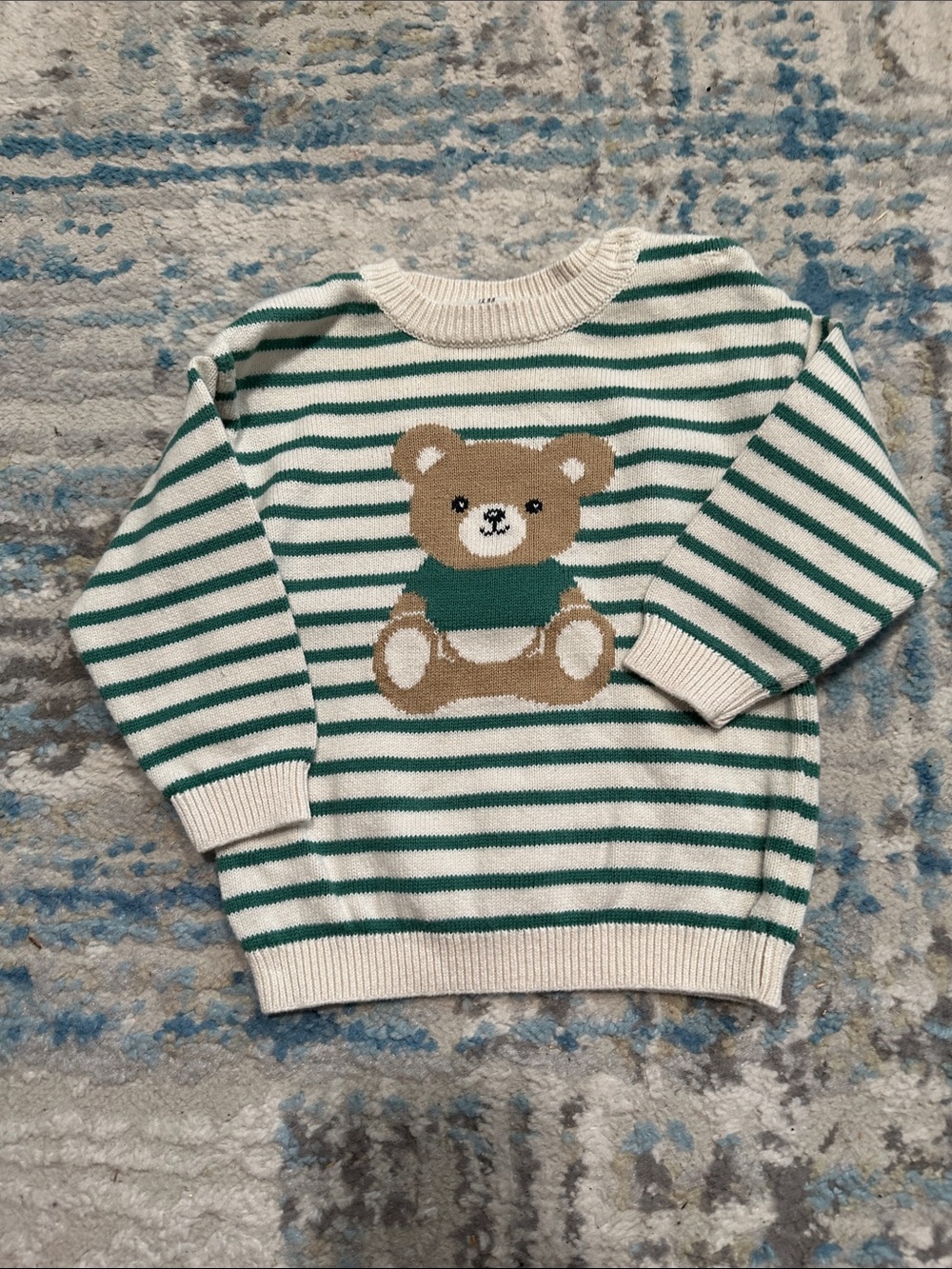 H&M Cream & Green Striped Knit Sweater with Bear Motif